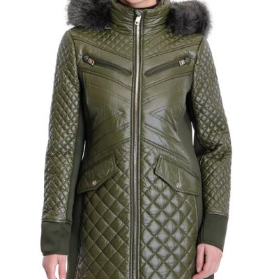 Women’s Faux-Fur-Trim Hooded Olive Quilted Coat